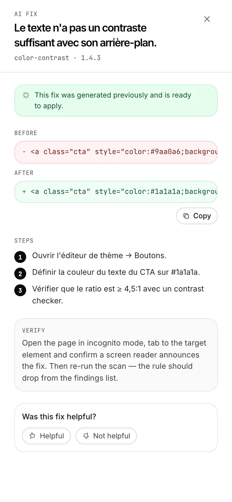 Correction assistée par IA : diff avant/après en français clair.